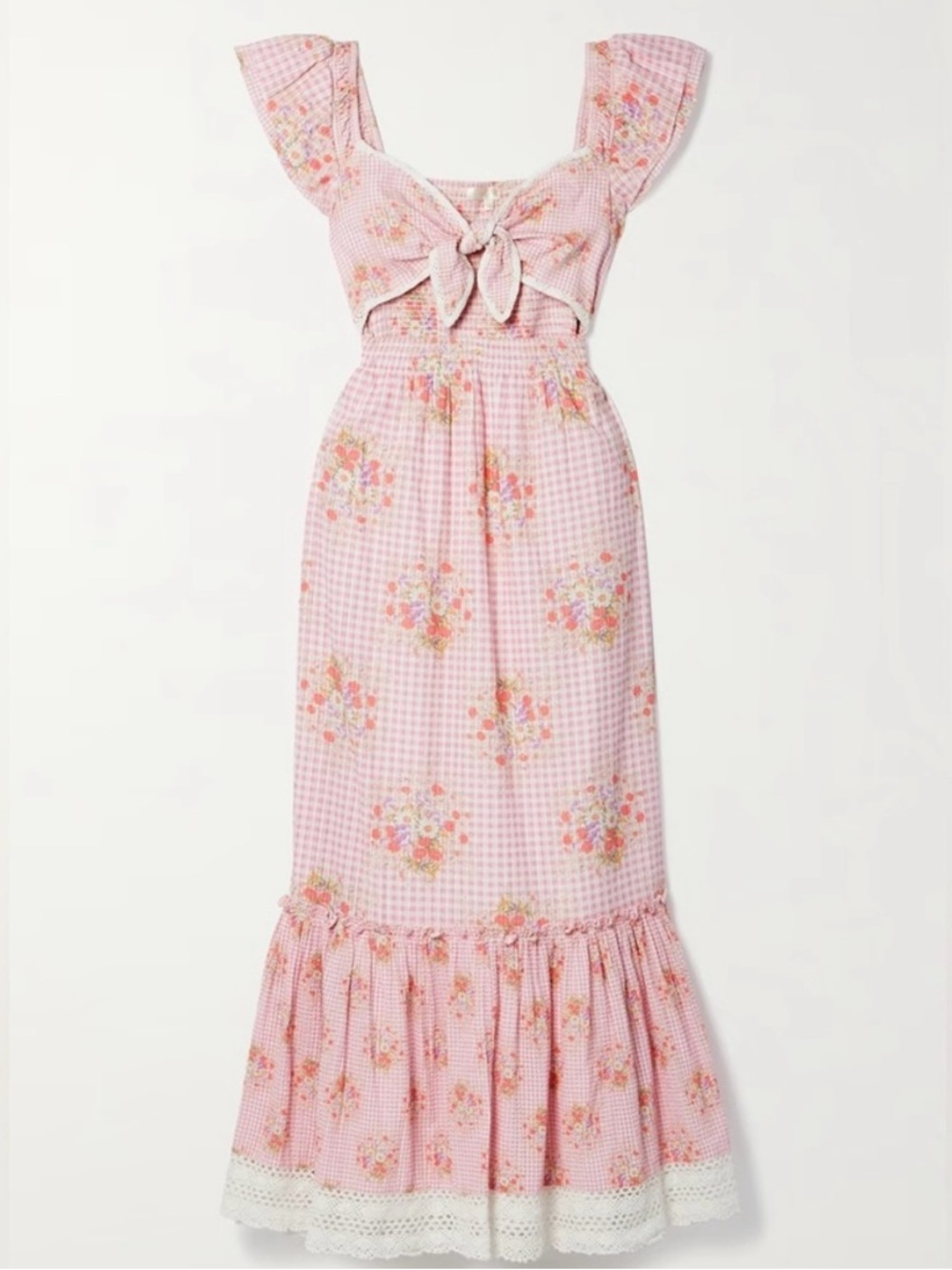 LoveShackFancy Pink Floral Gingham Midi Dress
